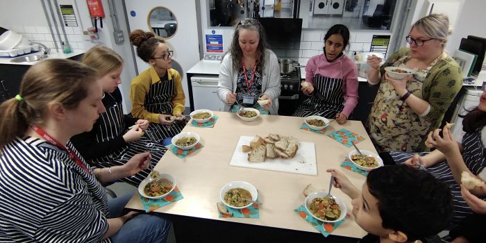 Food quality visit: Wapping High School students with their minestrone soup